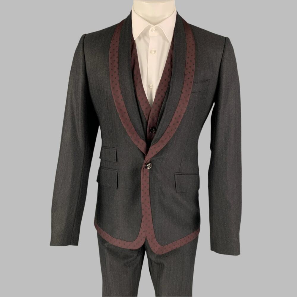 DOLCE & GABBANA Size 38 Grey Burgundy Polka Dot Virgin Wool 3 Piece Suit